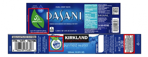 ​식물 기반 소재를 강조한 Dasani 물병과 플라스틱 절감을 강조한 Kirkland Signature 물병의 라벨​