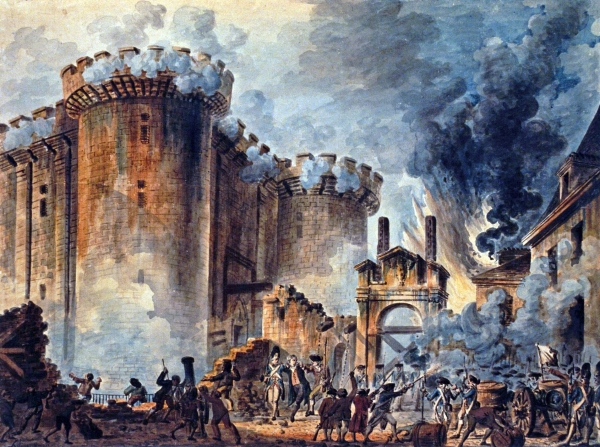시민들에게 공격받는 바스티유 감옥, 장 피에르 루이 로렌트 휴엘, 수채화, 37,8 x 50,5 cm, 1789년 작 시잔=위키피디아