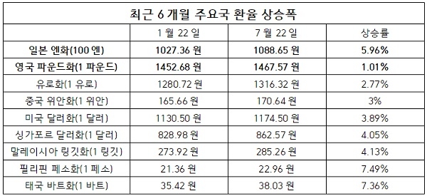 최근 6개월 환율 상승폭. 표=오피니언뉴스