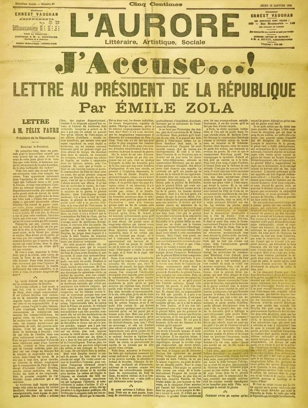 간첩 누명을 쓰고 종신형을 선고받은 알프레드 드레퓌스를 구명하기 위해 1898년 1월3일 프랑스의 일간지 로호르에 에밀 졸라가 기고한 '나는 고발한다(J'Accuse)'. 사진=위키피디아 캡쳐.