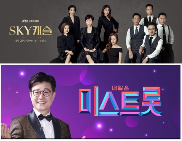 JTBC 드라마 '스카이캐슬'과 TV조선 예능 '내일은 미스트롯'은 각각 23%, 18%의 종편 역대 최고 시청률을 기록했다. 사진제공=각 방송사