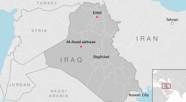 이란이 미사일로 공격한 이라크 아인 아사드 공군기지 위치. 자료=CNN