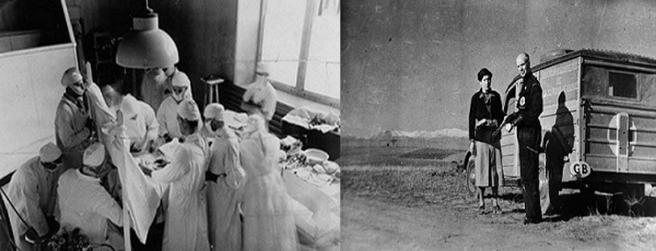 왼쪽은 1933년 몬트리올 빅토리아 병원에서 수술 중인 베쑨, 오른쪽은 스페인 내전 당시 직접 만든 이동수혈대 앞에서 포즈를 취한 베쑨.  사진=네이버 백과
