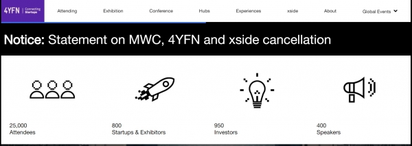 'MWC2020'의 벤처 전시회 '4YFN' 측이 홈페이지를 통해 행사가 취소됐음을 공지했다. 사진=4YFN 홈페이지 캡쳐