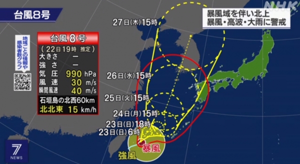 태풍 8호 바비가 22일 오후 6시(현지시간) 일본 오키나와(沖縄)현의 사키시마(先島)제도 방향으로 북상중이다. 사진=NHK