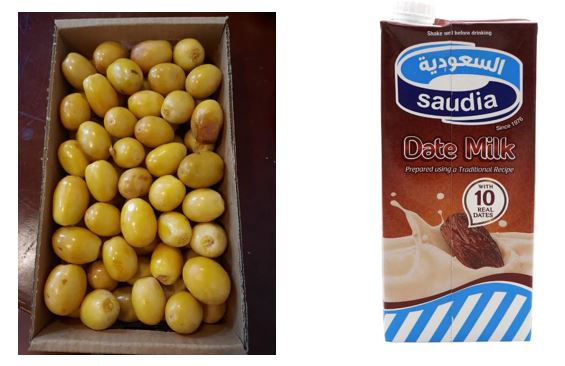 생 대추야자 열매(왼쪽)과 대추야자 우유. 사진=신승민 통신원 · 구글