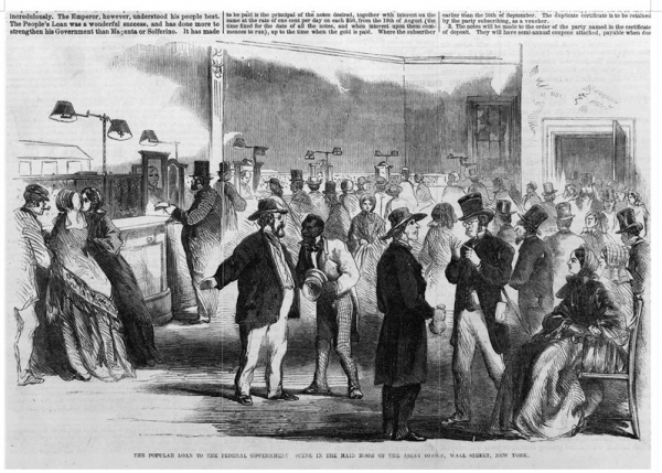 남북전쟁 당시 제이 쿡의 국채판매 장면. 쿡은 시민의 애국심에 호소하여 링컨 행정부의 전비조달에 결정적 기여를 했다.