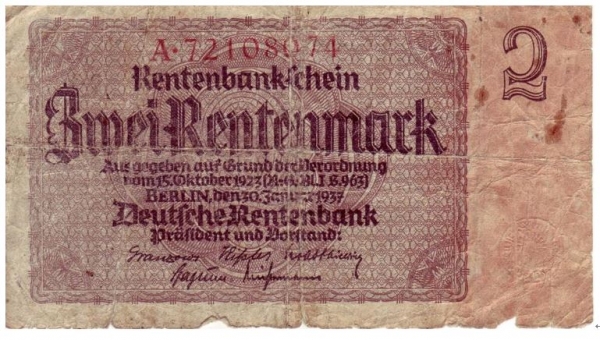 렌텐마르크 실물. 렌텐마르크는 결국 제국마르크(Reichsmark)의 창설로 연결됐고, 당시 심각했던 하이퍼 인플레이션가 종료된다.  출처 : https://upload.wikimedia.org/wikipedia/commons/e/e1/ZweiRentenmarka.jpg