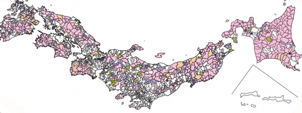 일본에서 인구가 적은 시초손(市町村·기초지방자치단체) 표시도[자료=일본 총무성]