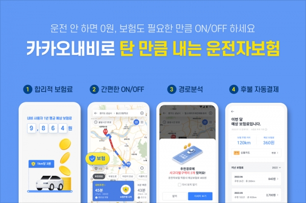 ’카카오내비로 탄 만큼 내는 운전자보험'은 카카오내비 안드로이드 앱과 U+ 카카오내비 앱에서 이용 가능하며 애플 iOS 버전도 출시될 예정이다.