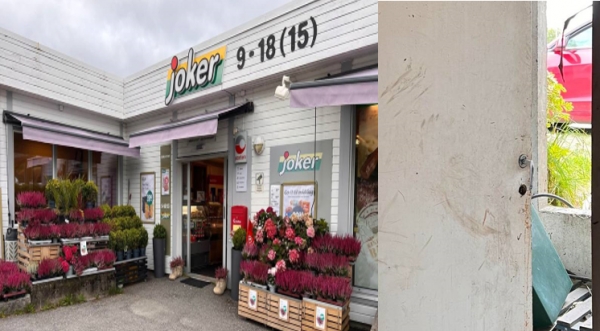 도둑이 침입한 노르웨이 노르란드(Nordland) 지역의 작은 상점(좌)과 부서진 현관문. 사진  = 노르웨이 국영방송 뉴스화면 캡처
