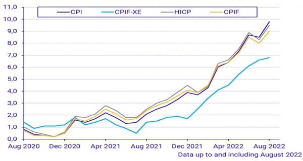 ■ 2020년 8월~2022년 8월 소비자물가지수 상승률 : 8월 소비자 물가 관련 지수 자료 CPI(Consumer Price Index) HICP (Harmonized Index of Consumer Price), CPIF (Consumer Price Index with fixed interest rate)중 CPIF 기준 소비자물가지수 상승률이 9%를 나타내고 있다. 자료=스웨덴 통계청 (Statistics Sweden)