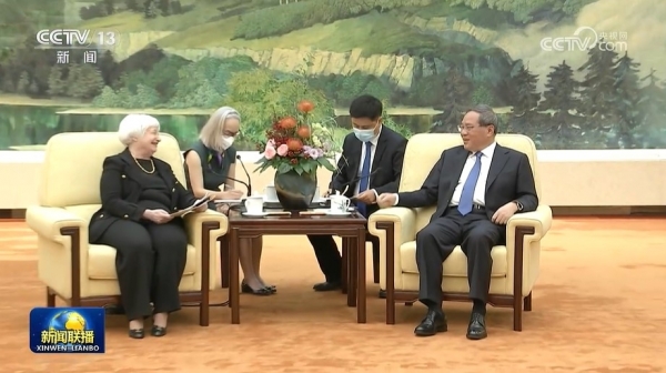 옐런 장관은 7일 오후 리창 중국 총리를 만난 자리에서 "미국은 승자독식 방식이 아닌 양국에 모두 이익이 되는 공정한 규칙에 기반한 건전한 경쟁을 추구한다"고 밝혔다. 사진=중국CCTV 화면캡처