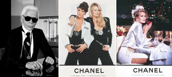왼쪽부터 칼 라거펠트 (사진=샤넬 홈페이지), 모델 헬레나 크리스텐센과 클라우디아 쉬퍼의 1991년 샤넬 광고, 모델 쉬퍼의 1992년 광고