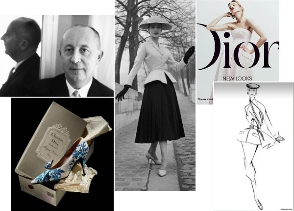 왼쪽 위부터 시계방향으로, 크리스찬 디올, 1947년 뉴룩을 선보이는 모델, ‘Dior New Looks Book’ 커버, 크리스찬 디올의 드로잉, 로저 비비에(Roger Vivier)와 함께 제작한 슈즈 (사진=디올 홈페이지)