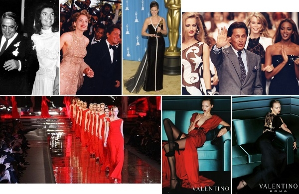 왼쪽 위부터 시계방향으로, 1968년 발렌티노의 웨딩드레스를 입은 재클린 오나시스, 1995년 발렌티노 가라바니와 칸 영화제 레드카펫에 오른 샤론 스톤, 2001년 발렌티노 드레스를 입고 오스카를 수상한 줄리아 로버츠, 1990년대 패션쇼에서의 가라바니, 2006년 광고 2컷, 2008년 가라바니의 마지막 패션쇼 피날레 (광고 외 사진=발렌티노 가라바니 뮤지엄 홈페이지)