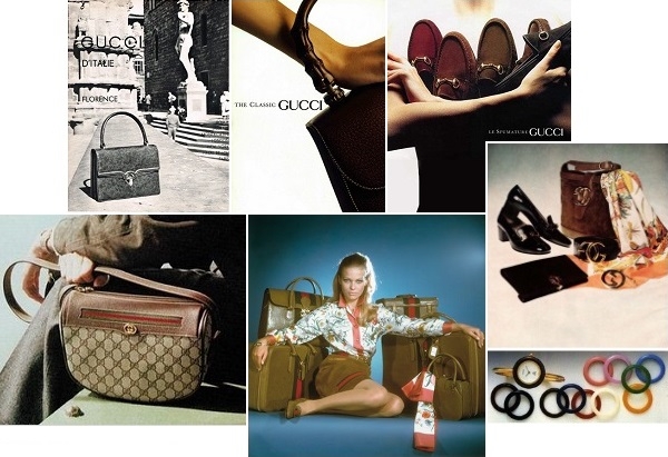 왼쪽 위부터 시계방향으로, 구찌 1950년대 광고, 1990년 광고 2컷, 1973년 광고, 1988년 광고, 1970년대 광고, 1989년 광고 이미지