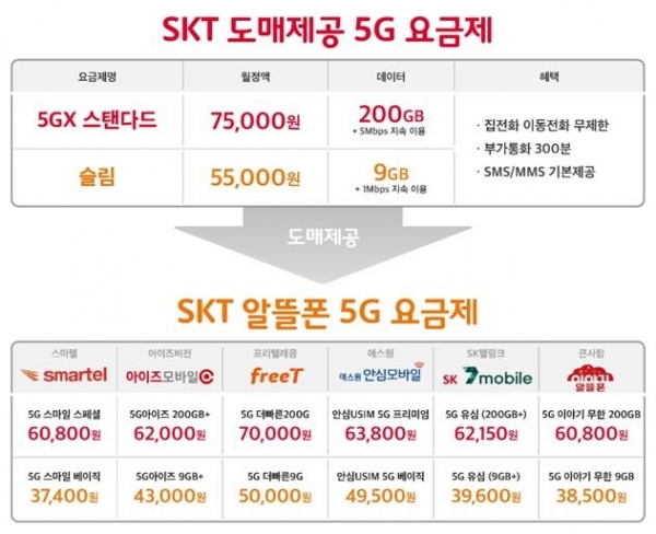 지난해 KT, LG유플러스에 이어 30일 SK텔레콤이 5G망을 알뜰폰에 전면 개방했다. 표는 SK텔레콤의 알뜰폰 5G 요금제. 사진제공=SK텔레콤