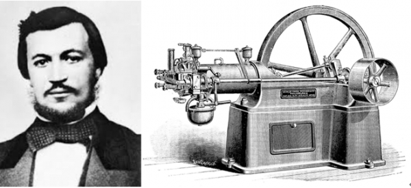 4행정 내연기관 (가솔린 엔진)을 만든 니콜라우스 오토와 그가 만든 최초의 내연기관. 사진출처=위키피디아.