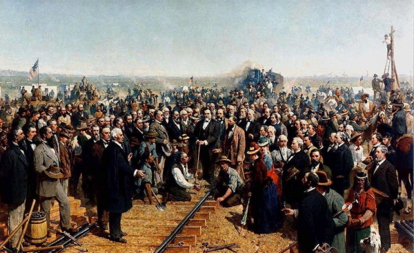 1869년 5월8일 미국 솔트레이크시티 북쪽의 프로먼토리서밋에서 대륙횡단철도 마지막 연결작업이 이뤄지고 있는 장면을 그린 화보. 대륙횡단철도의 개통으로 뉴욕에서 캘리포니아까지 7일 안에 도착할 수 있게 됐다. 위키피디아