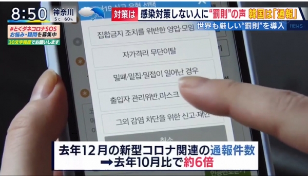 지난 12일, 한국의 ‘코로나19 신고 앱’에 대해 자세히 소개하고 있는 후지TV의 오전 정보 방송 ‘토쿠다네’. 사진=후지TV.