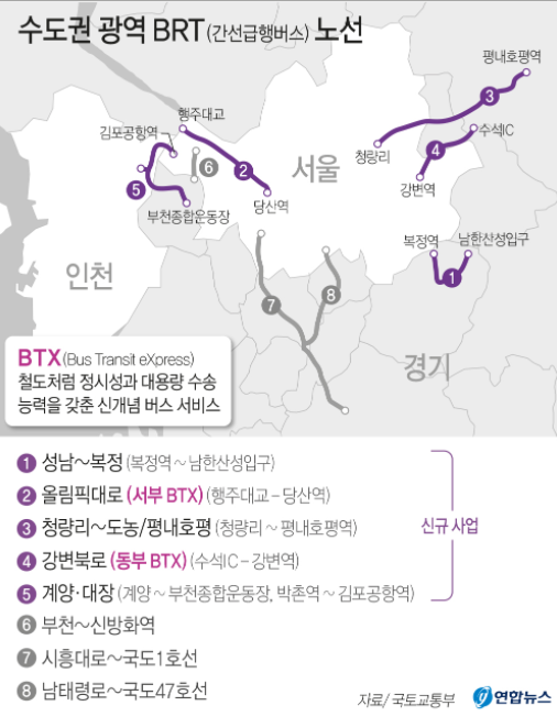 수도권 광역 BRT(간선급행버스) 노선. 그래픽=연합뉴스.