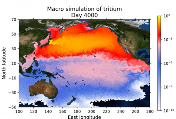 중국 연구진은 자체 개발 시뮬레이션을 통해 일본 후쿠시마((福島) 제1원전 오염수를 해양 방류할 경우 120일 내 위도 30도, 경도 40도에 걸쳐 오염물이 급속히 확산한다는 연구결과를 내놓았다. 사진 = Local Fobs