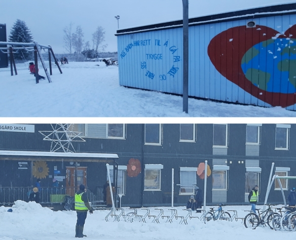 (사진 위)노르웨이 오슬로 인근 비켄주(Viken fylkeskommun)의 한 초등학교 운동장 겨울 풍경, “ 모든 어린이는 학교에 갈 권리가 있고 안전을 느껴야 한다”는 문구가 있다. (사진 아래)겨울임에도 불구하고 일부 학생들은 자전거, 스키, 썰매 등을 타고 등교하며, 아이들의 운동장엔 항상 형광색 옷을 입은 안전요원 선생님들이 4~5명씩 학생들과 함께한다. 사진=이철규 통신원