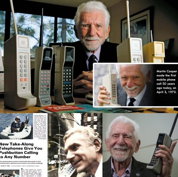 '모토로라'의 선임 연구원이던 마틴 쿠퍼는 1973년 4월 3일 뉴욕 맨해튼 미드타운 6번가에서 경쟁사 AT&T 산하 벨 연구소 소장이던 조엘 엥글에게 전화를 걸어 "휴대전화기로 통화하고 있다"며 "손에 들고 이동하며 통화할 수 있는 진짜 휴대전화기"라고 말했다. 사진=Facebook 캡처